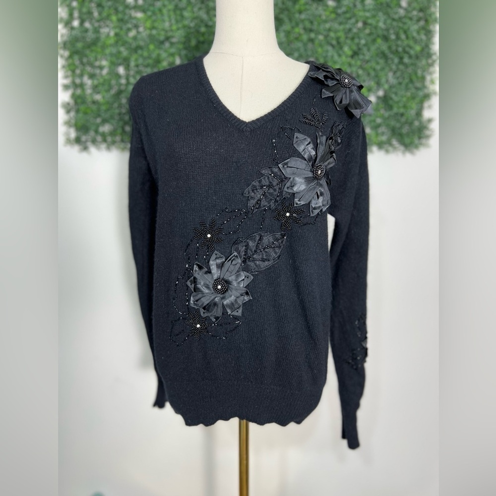Vintage Rebecca Gray Wool Angora Black Floral Beaded Embroidered Sweater Size S